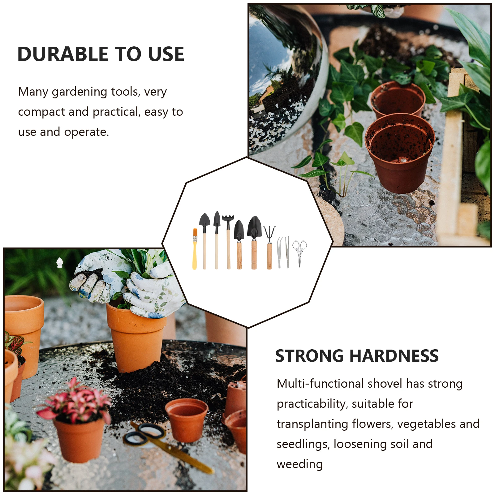 

Compact Planting Tools Kit Sturdy Wood Iron Shovel Fork Trowel Succulent Bonsai Transplanting Supplies Flower Growing Safe