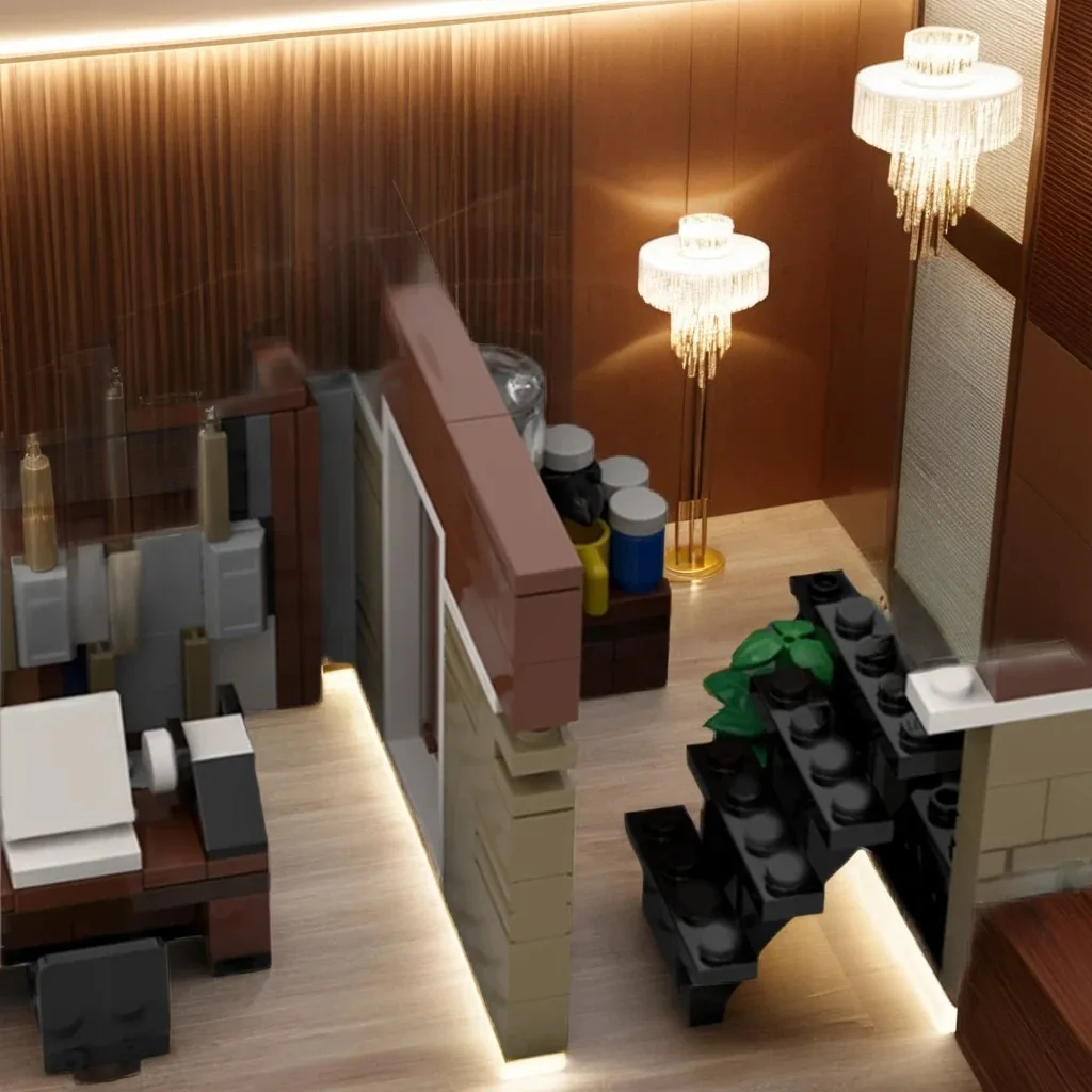 1407 ชิ้นช่างตัดเสื้อมุม MOC พร้อมจักรเย็บผ้าเศษผ้าและโต๊ะทํางานไม้การศึกษาอาคารบล็อกของขวัญ