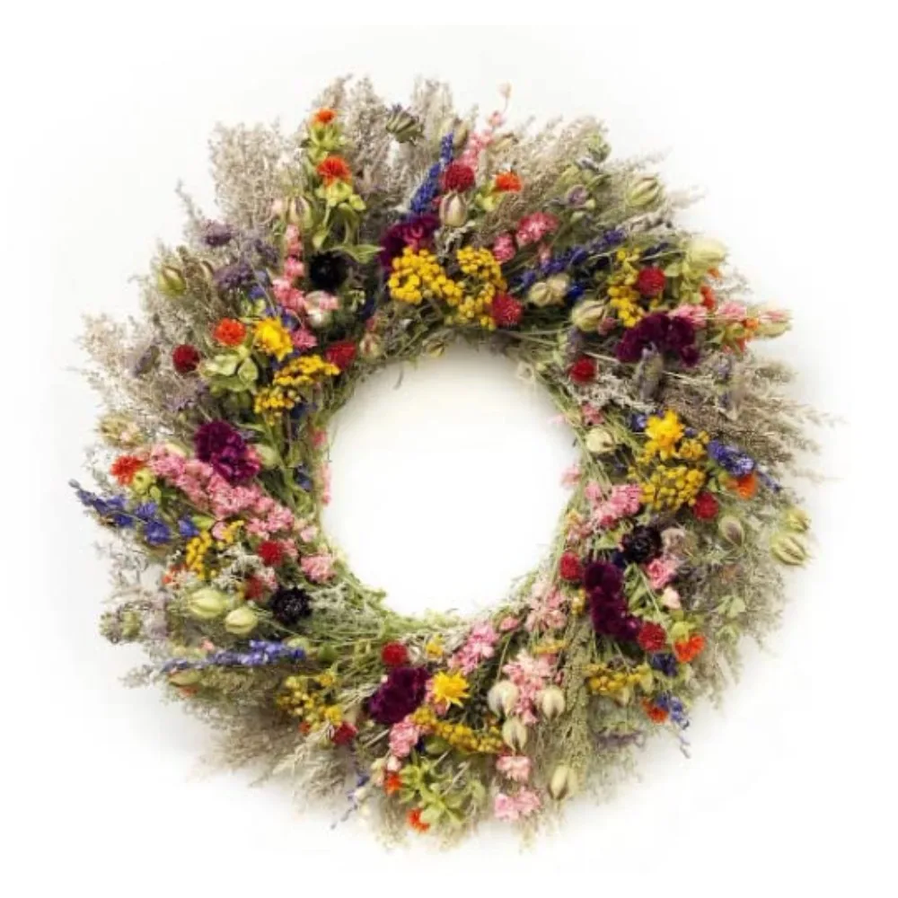 

Farms Natural Dried Flower Handmade Meadow Parade Wreath，colors will fade quickly if hung outdoors，variance from piece to piece