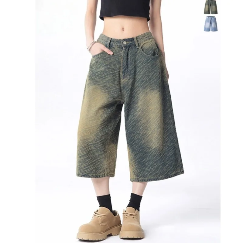 Unisex Vintage Washed Jacquard Denim Shorts Mid-Length Relaxed Fit Straight Streetwear Slimming Summer 2025