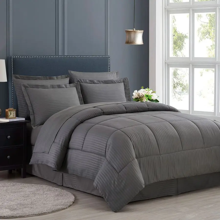 

Comforter Set 8 Piece Bed in a Bag with Bed Skirt, Fitted Sheet, Flat Sheet, 2 Pillowcases, 2 Pillow Shams, Queen, Dobby Gray