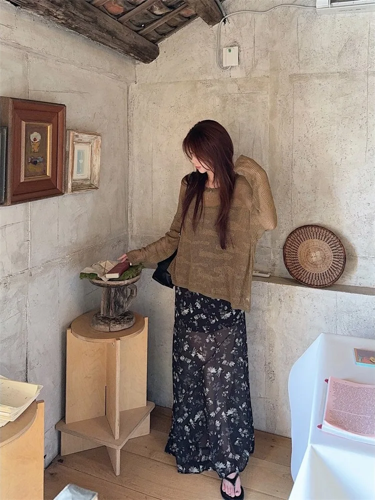 

plus Size Casual Knitted Set Early Autumn New Design Hollow out Sun Protection Top Vintage Floral Half Skirt Fashionable Ense...