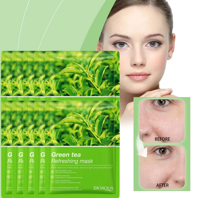 Green Tea Facial Mask, Green Tea Plant Extracts for Hydration, Refreshing and Oil-Controlling Without Being Sticky, Lightweight and Breathable Film, Deeply Nourishing and Easy to Absorb