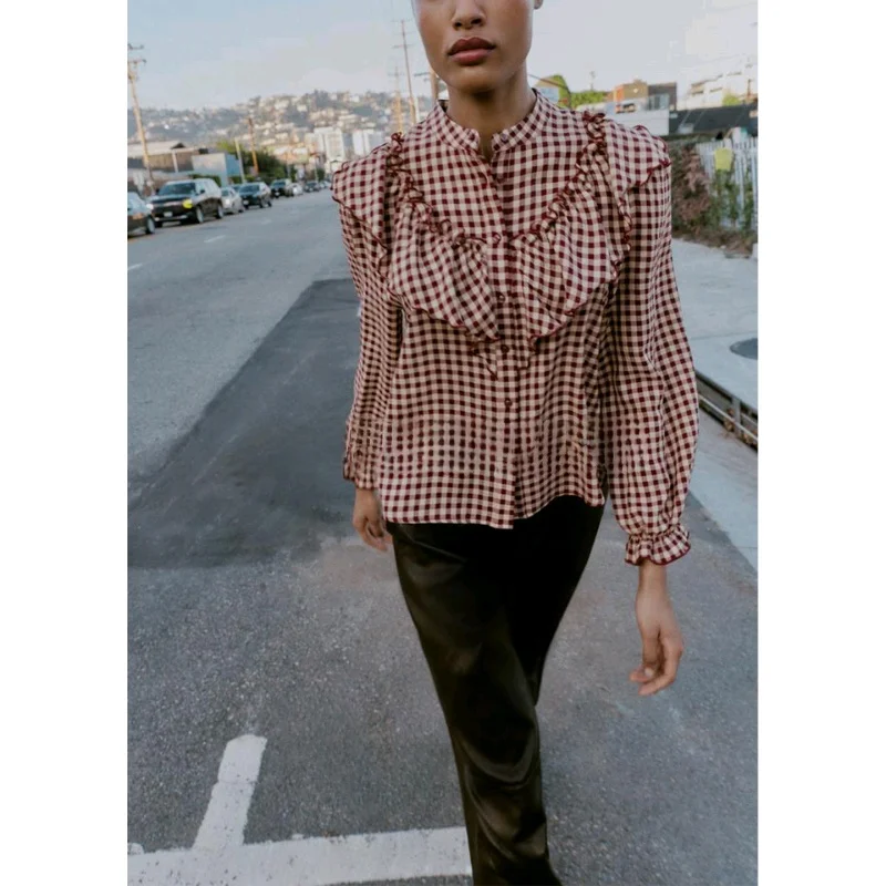 Wiosenna Nowa Damska Długa Sukienka z Okrągłym Dekoltem, Mała Krata, Ozdobna Warstwowa Konstrukcja, Poliester, Sukienka typu Bubble, Casual Bl...