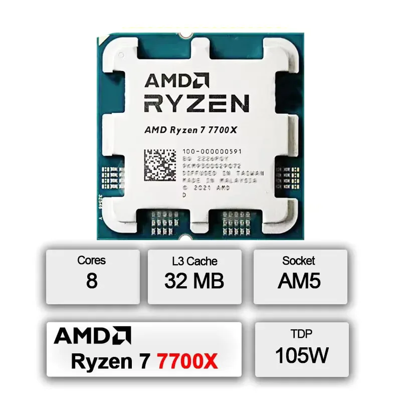 New AMD Ryzen 7 7700X Desktop CPU 8 Core 16 Thread 5NM 32M L3 Cache 4.5GHz 100 000000591 Socket AM5 Without Cooler