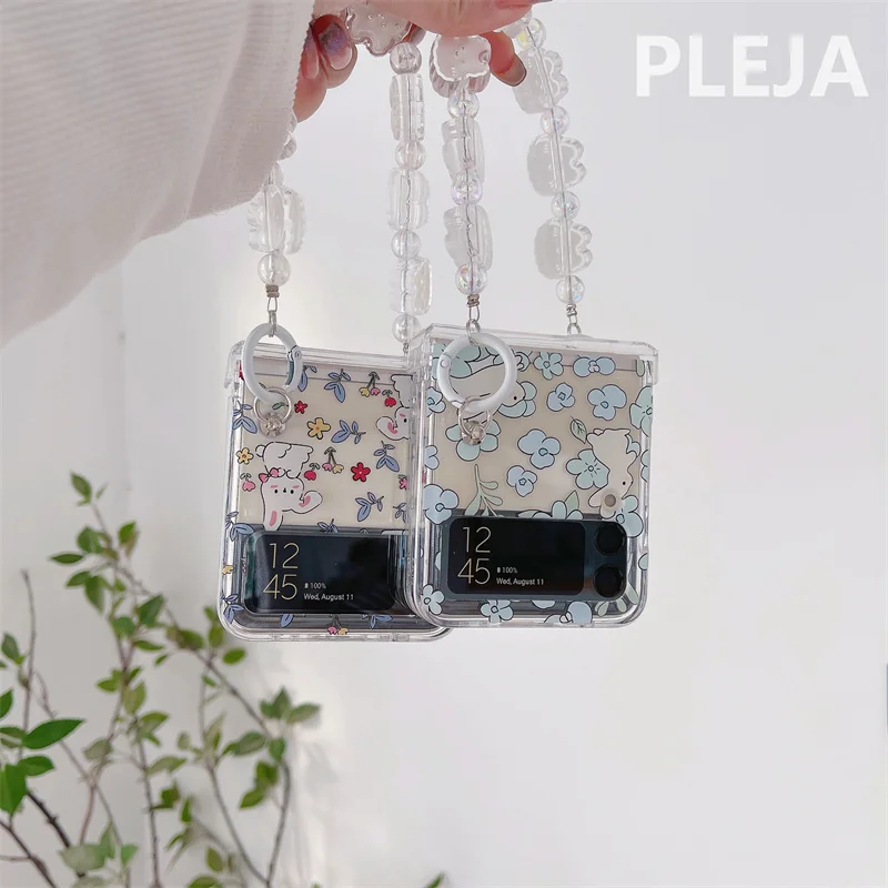 Korean Cute Flower Rabbit Chain Phone Case For Samsung Galaxy Z Flip 6 5 4 3 Z Flip3 Flip4 5G Cover Kawaii Cartoon Hinge Cases
