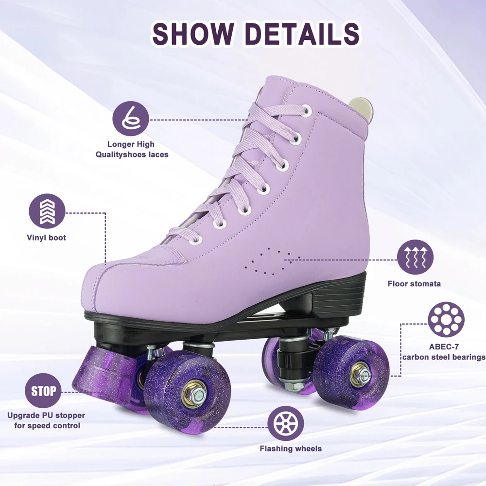 Quality Artificial Leather Roller Skates Shoes Purple Blue Roller Skates for Women with Light up Wheels Outdoor Sports Sneaker