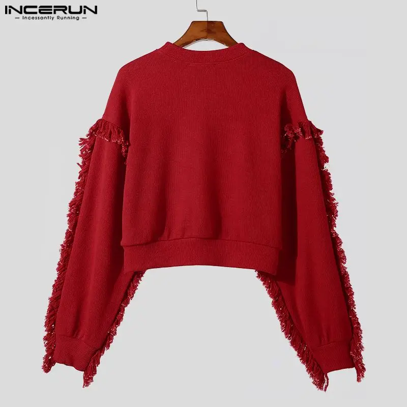 Casual Style Tops INCERUN 2024 New Men\'s Pullover Design Solid All-match Sweatshirts Tassels Trimmed Long Sleeved Sweaters S-5XL