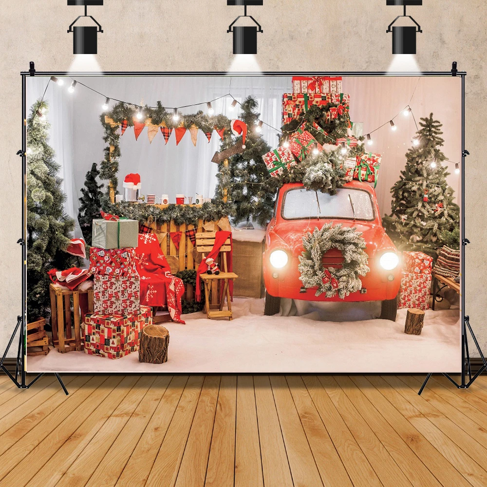 Laeacco Christmas Backdrops Wooden Board Star Lights Snow Tree Gifts Photography Backgrounds New Year Party Photozone Photophone