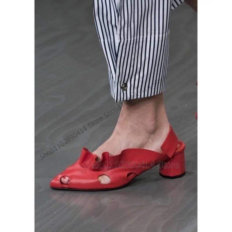 

Red Black Pleated Ruffles Design Pointed Toe Pumps Slip On Women Shoes Chunky High Heels Fashion Party 2024 Zapatos Para Mujere