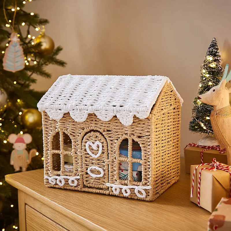 Hand Knitting Paper String Gingerbread Toy House Storage Box Creative Storage Basket Desktop Ornament Warm Style Home Decoration