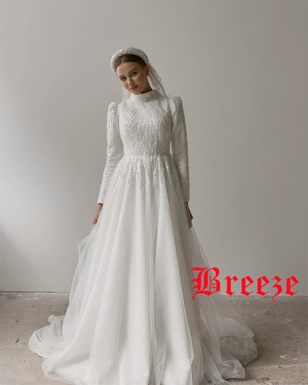 Customized Temperament White Organza High Collar Long Sleeves Wedding Dress Elegant Chapel Train Sequined A-Line Bridal Gowns