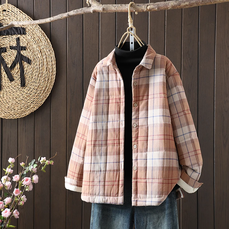 

Women's Autumn Winter New Lightweight Warm Loose Casual Cotton Jacket Retro Laple Collar Plaid Color Blocking Commute Coat