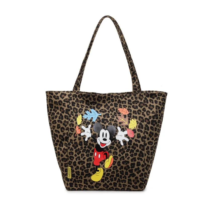 

Disney Mickey Mouse Cute New Retro Leopard Print Canvas Shoulder Tote Bag for Women Large Capacity Versatile Commuter Handbag