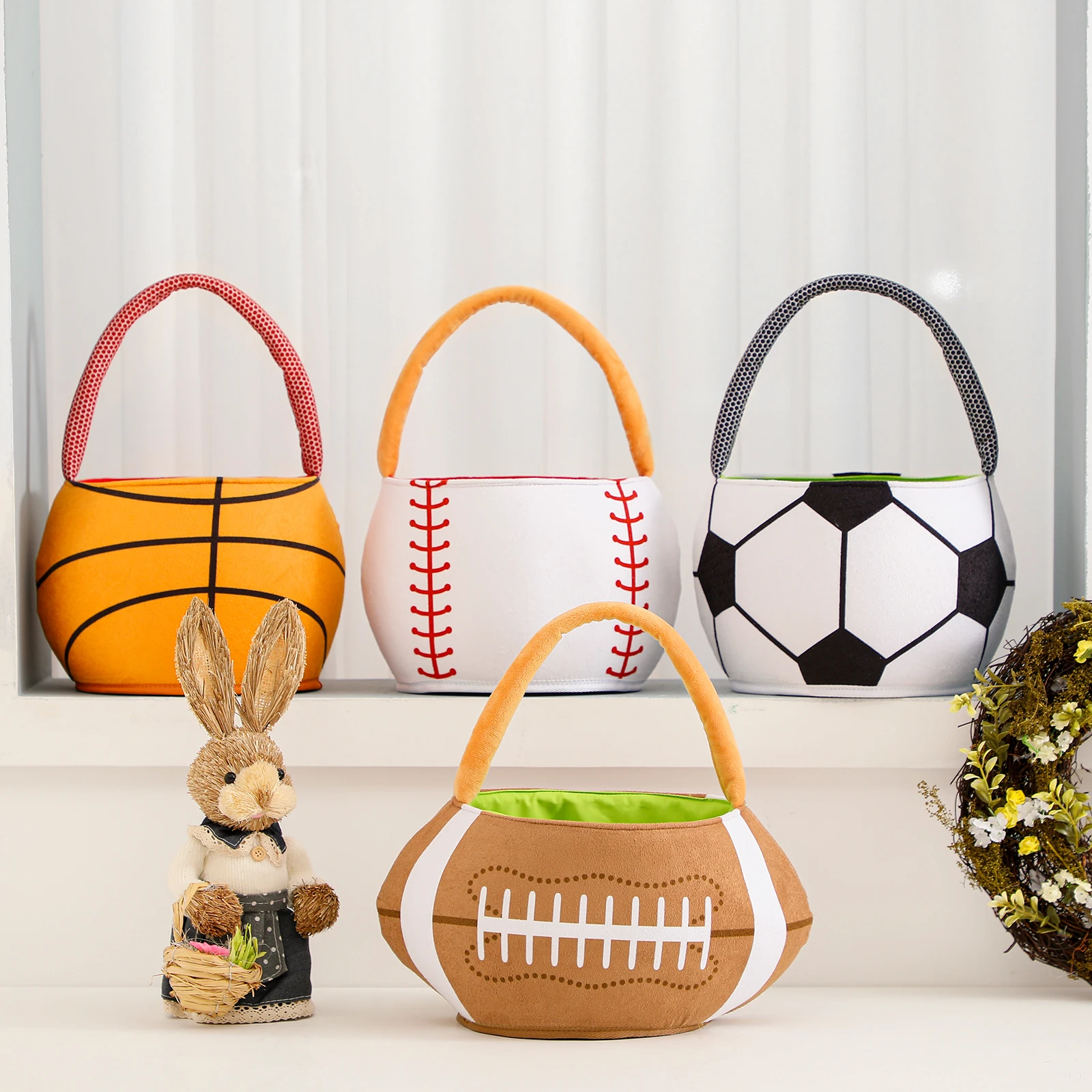 Sports Easter Bucket Football Basket Velvet Egg Hunt Party Gift Bag Basketball Kid Boy Candy Snack Halloween Trick Treat Handbag