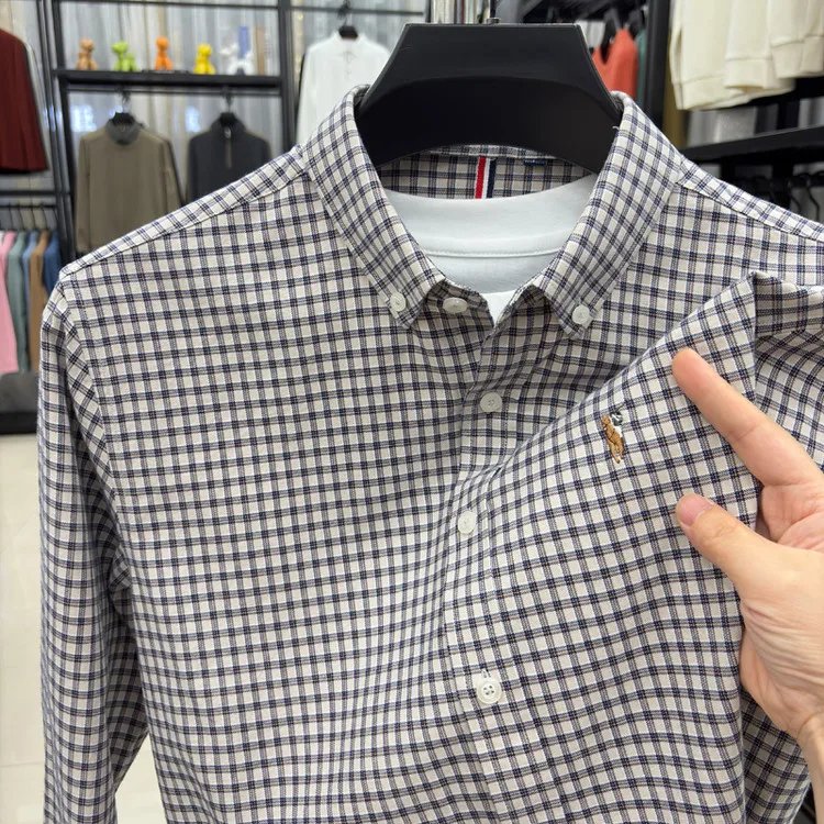 

Ele Long Sve Men's irt Embroidered Tailored Single Unironed Cotton Youth Faion Spring Autumn PU Leather