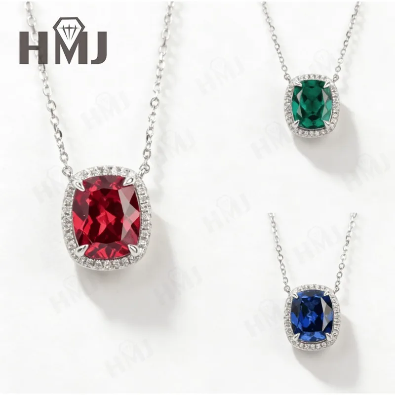 

Lab Grown Gemstone Necklaces 8X10mm Cushion Cut Ruby/Sapphire/Colombian 925 Silver for Women Anniversary Christmas Gift Quality