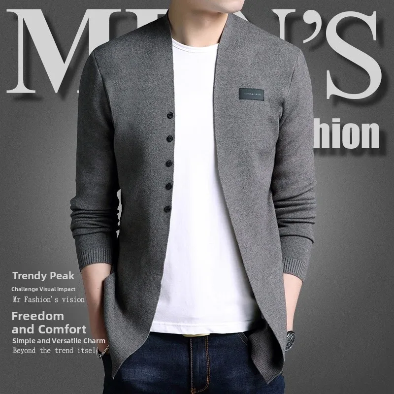 

Slim Fit Men's Knitted Cardigan Spring Autumn Faion Pure Color Sweater Outerwear Thin Sli Youthful V-Ne Long Sve