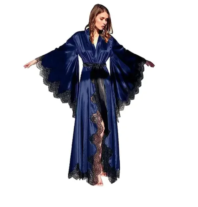 Women Robes Sleepwear Kimono Pajamas Pure Long Black Silk Satin Lace Trim Photography Dress Wedding Bride Gown Photo Shoot