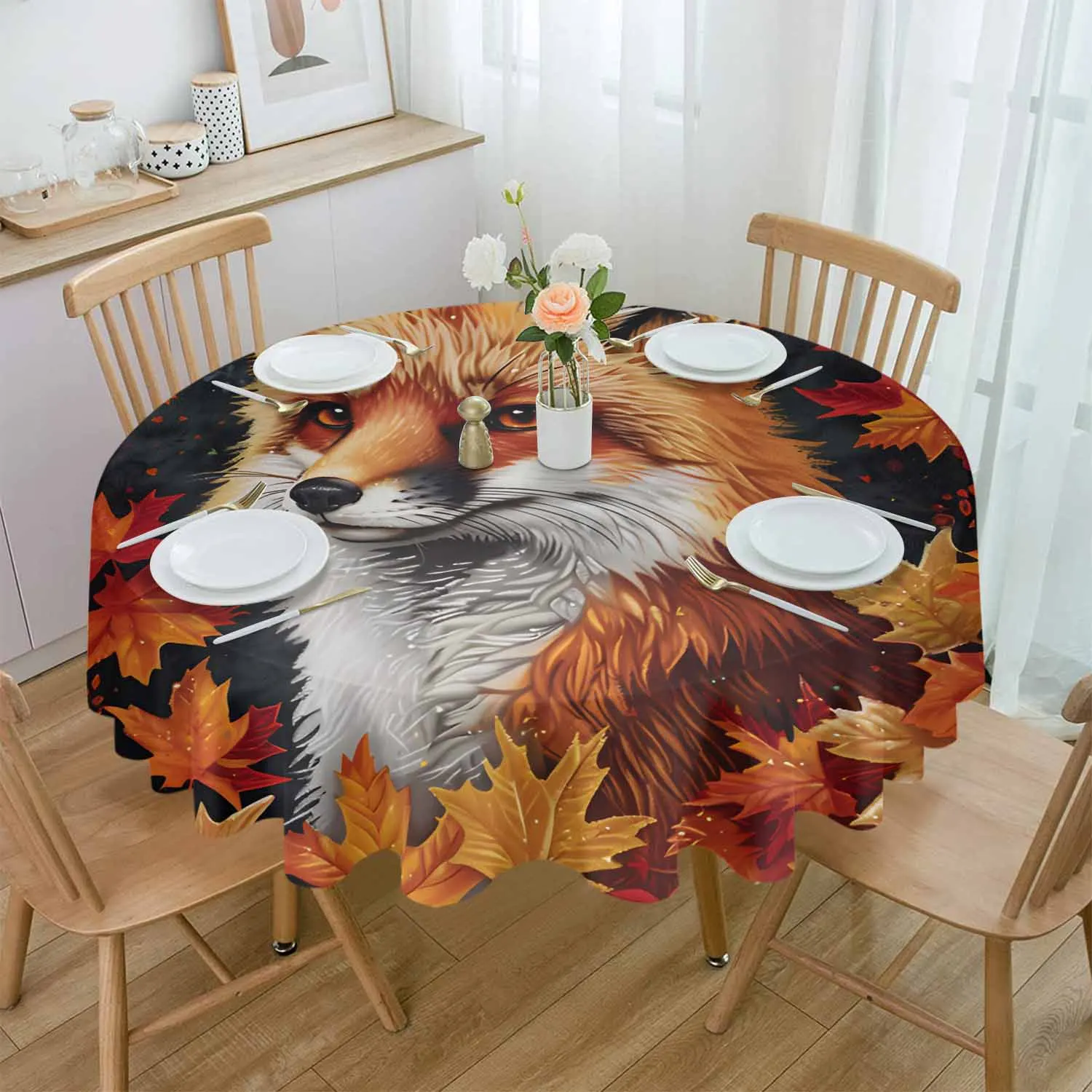 

Autumn Maple Leaf Fox Round Table Cloth Festival Dining Tablecloth Waterproof Table Cover for Wedding Party Decor