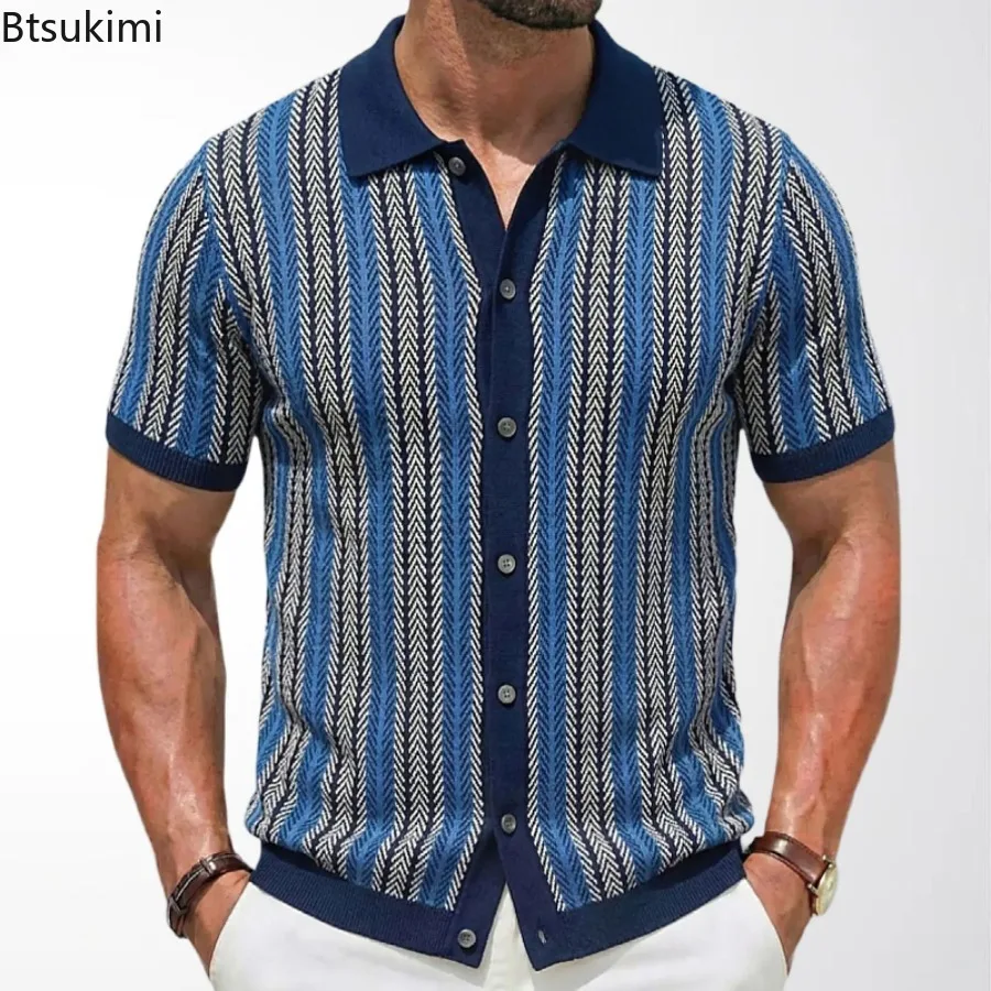 Camisas casuais listradas masculinas, camisa de malha vintage, retalhos respirável britânico, manga curta, polo jacquard empresarial, verão, 2024