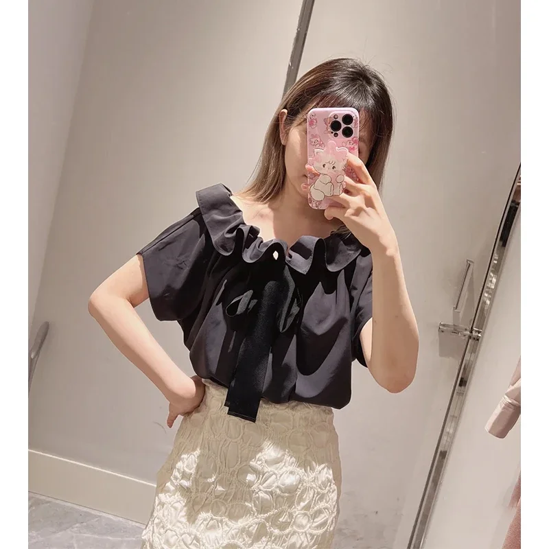 

Wakuta Solid Color Clavicle Exposed Female Chic Tops Japan Style Slash Collar Fungus Shirt Short Sleeves Lace Up Bow Blouse