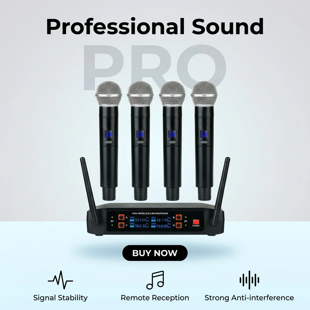 Professional VHF 4-Channel Wireless Mic System, Plug-and-Play Handheld for Live Singing, Karaoke & Stage