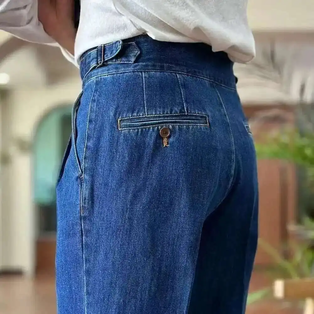 High Quality Double Pleated Jeans Straight Leg Pant Naples Straight Tube Loose Washed High Grade Business Pant Men Dress Trouser