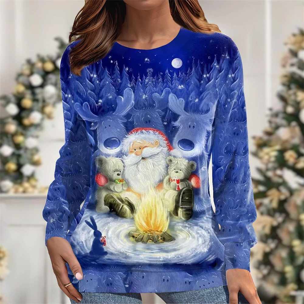 Sweat-shirt de Noël à imprimé sportif pour femme, pull à col rond, haut à manches longues, père Noël, renne