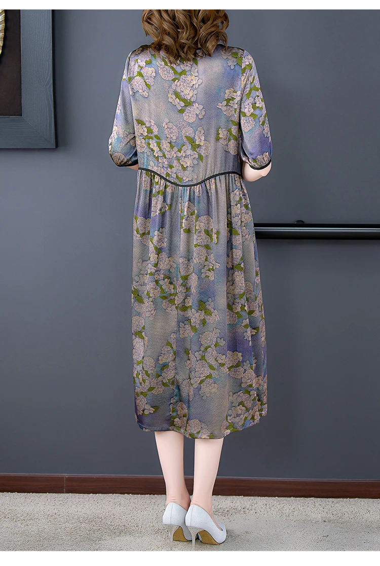 Female Floral Mulberry Silk Midi Dres Spring Summer Elegant Loose Waist Plus Size Dress 2022 Korean Vintage Casual Party Dresses