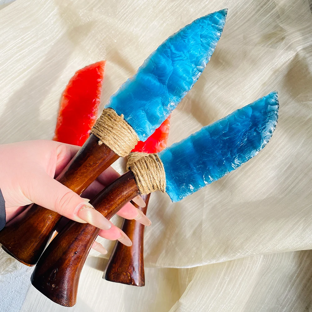 Handcrafted Blue & Red Cat Eye Crystal Knife 1pc with Wooden Handle Unique Raw Uncut Stone Home Decor Versatile Indoor Outdoor view 6