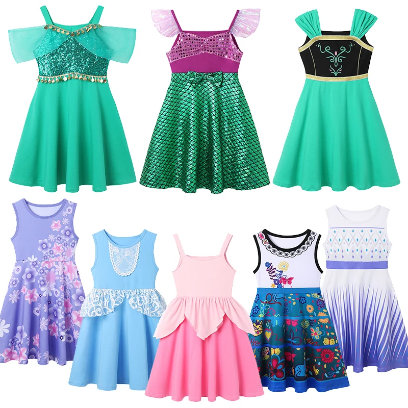 

2025 Girls Elsa Anna Summer Casual Dress Daily Oufit Vestidos Childrens Sleeveless Colorful Cotton Print Costumes Dresses 2-10Y