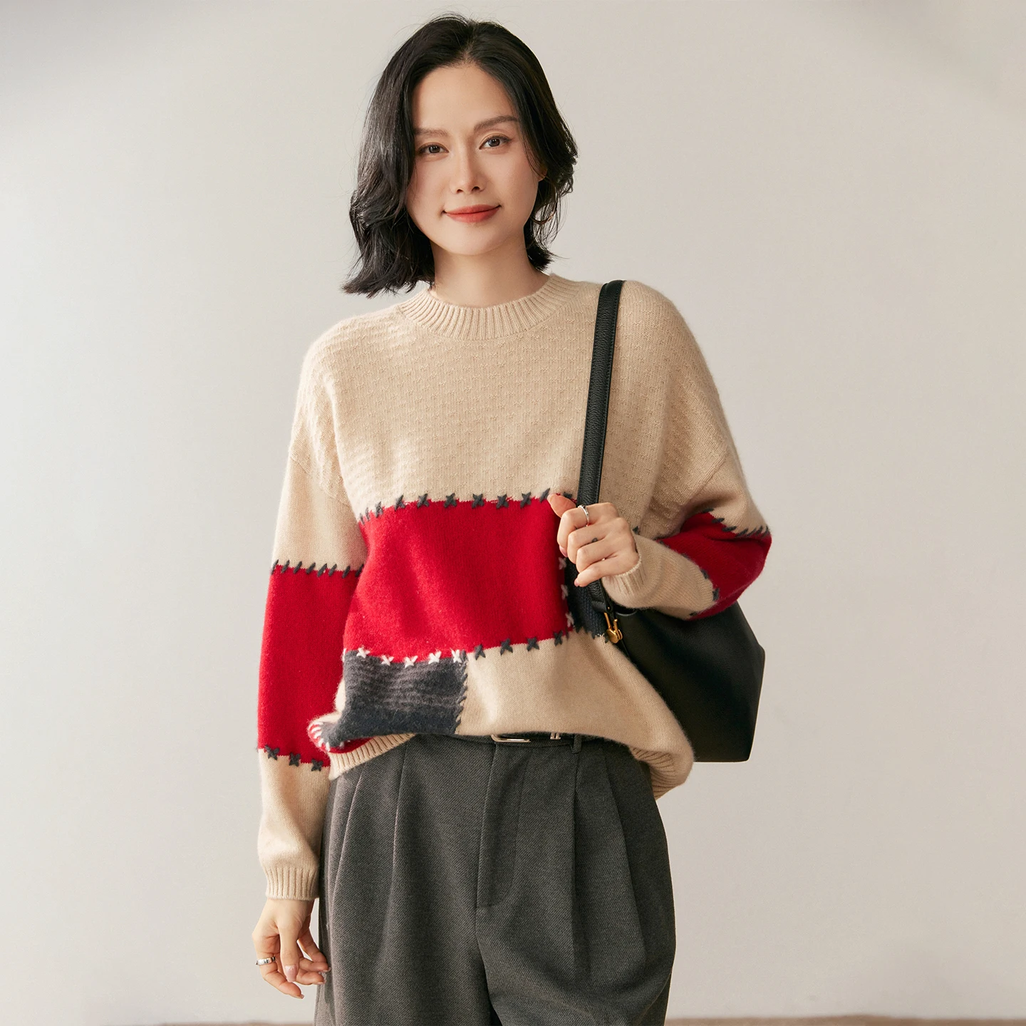 Women's 100% Cashmere Sweater O-neck Pullover Chic Color Block Casual Grace Loose Thick Pullover Autumn Winter Cashmere Tops