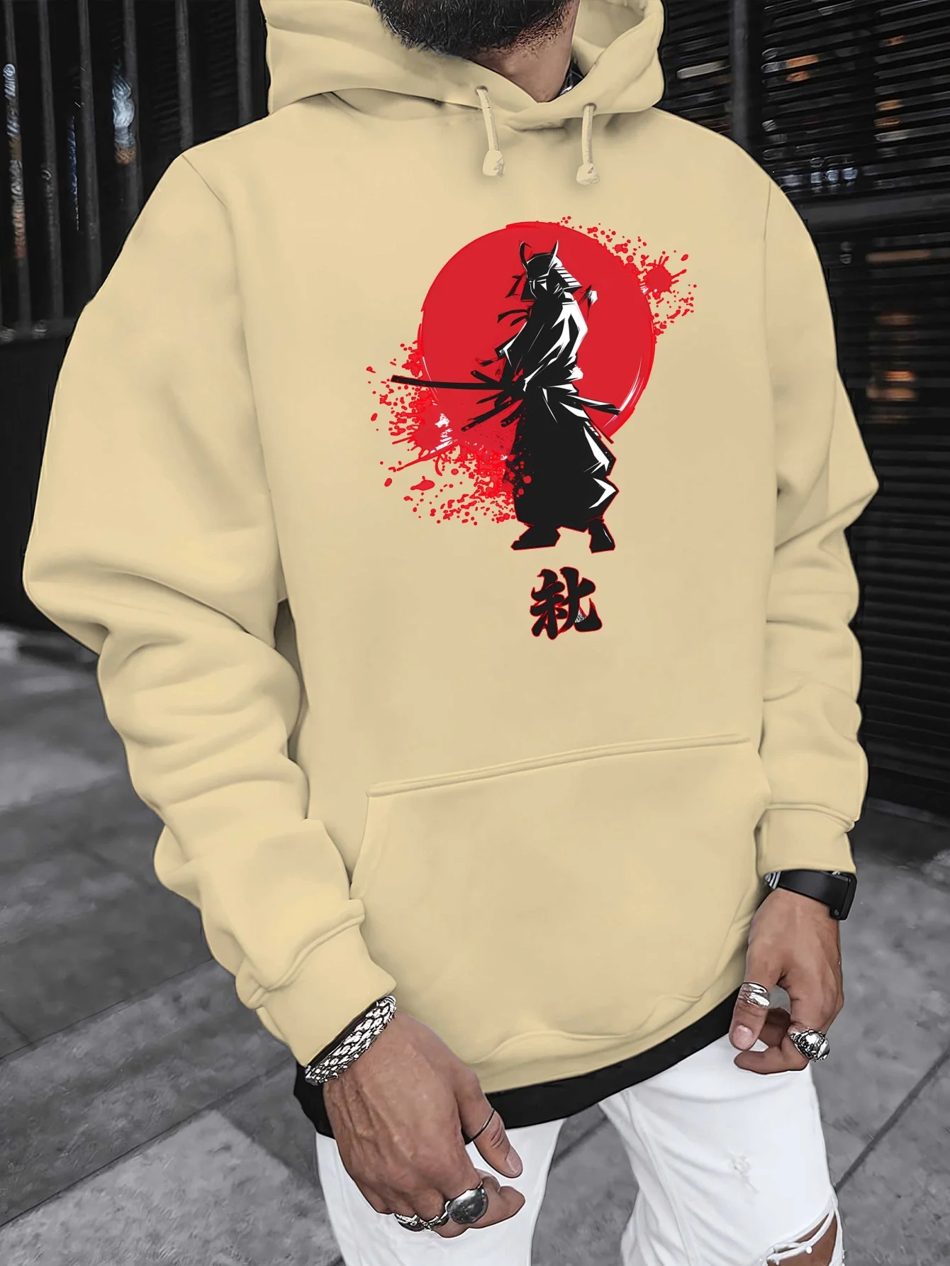 Japanese Samurai Men's Hooded Sweatshirt for Autumn and Winter, Street Style Print Top, Thickly Padded, Comfortable Soft Fabric