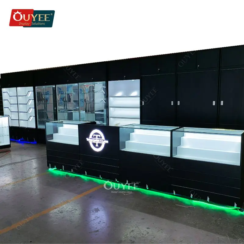 Customized-modern frameless display retail store glass display showcase LED light cigar rack smoke retail shop display