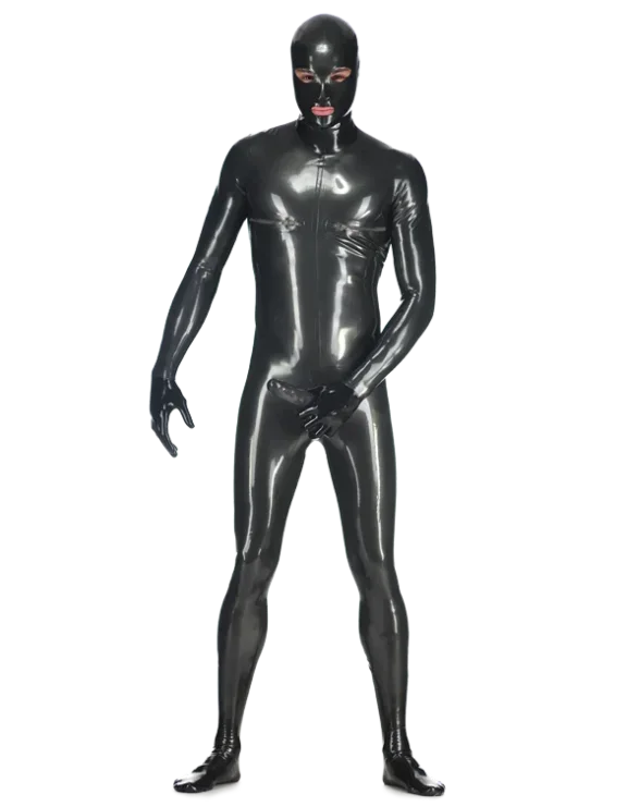 

New Latex 100% Rubber Catsuit black bodysuit Includes gloves, socks and headgear Gummi Mask 0.4mm Clubs