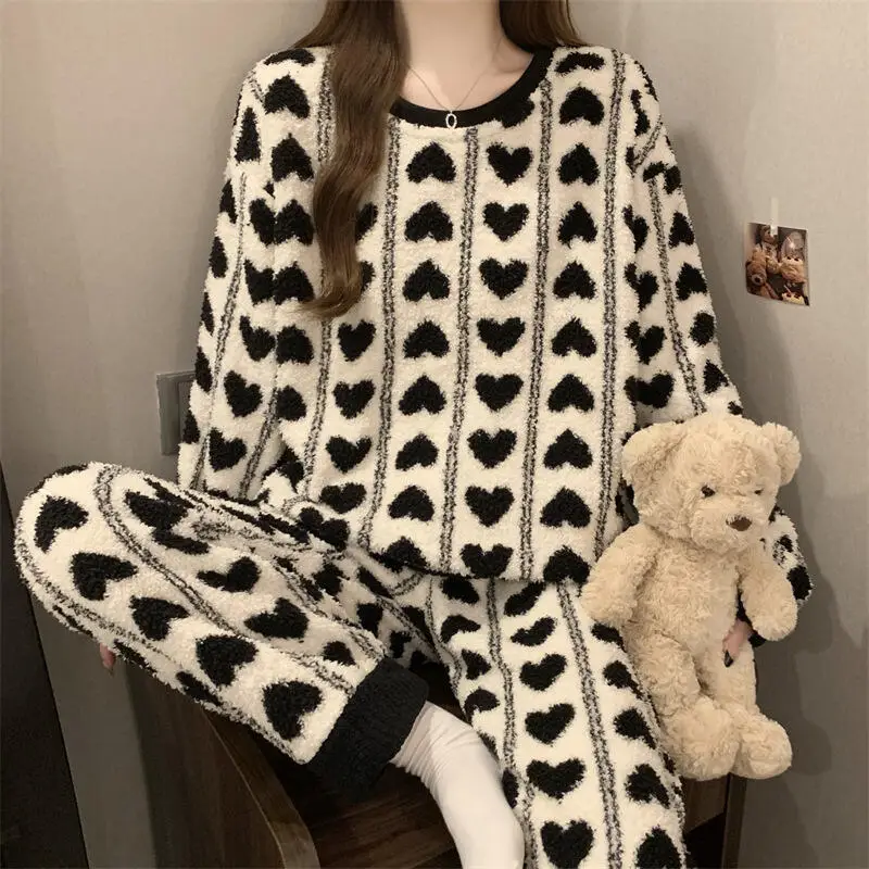 2026Women Autumn Winterfashion Comfort Long Sleeve Sleepwear Two Piece Set Round Neck Sweet Wind Thickened Warm Home Clothingset