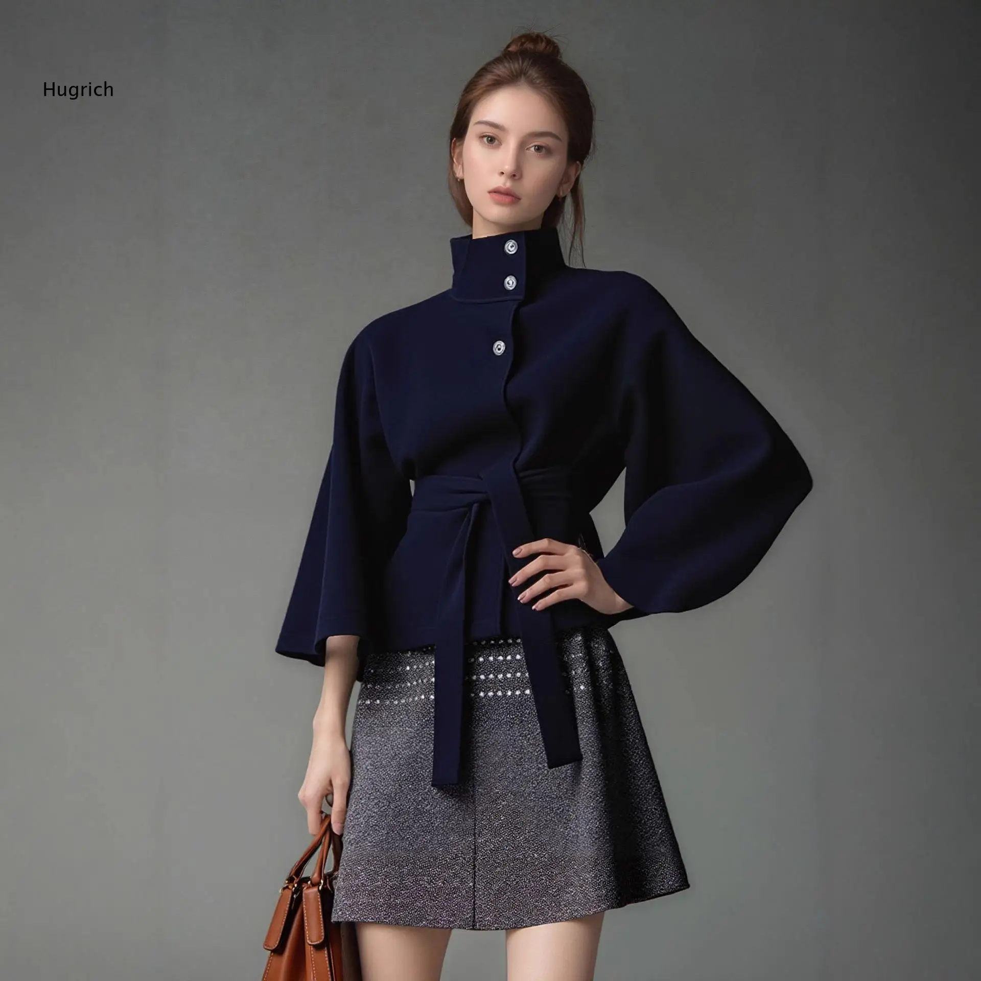 Women Camel Stand Collar Poncho Coat With Button Detail And Waist Belt Soft Structured Fabric For Autumn Winter Elegant Layering