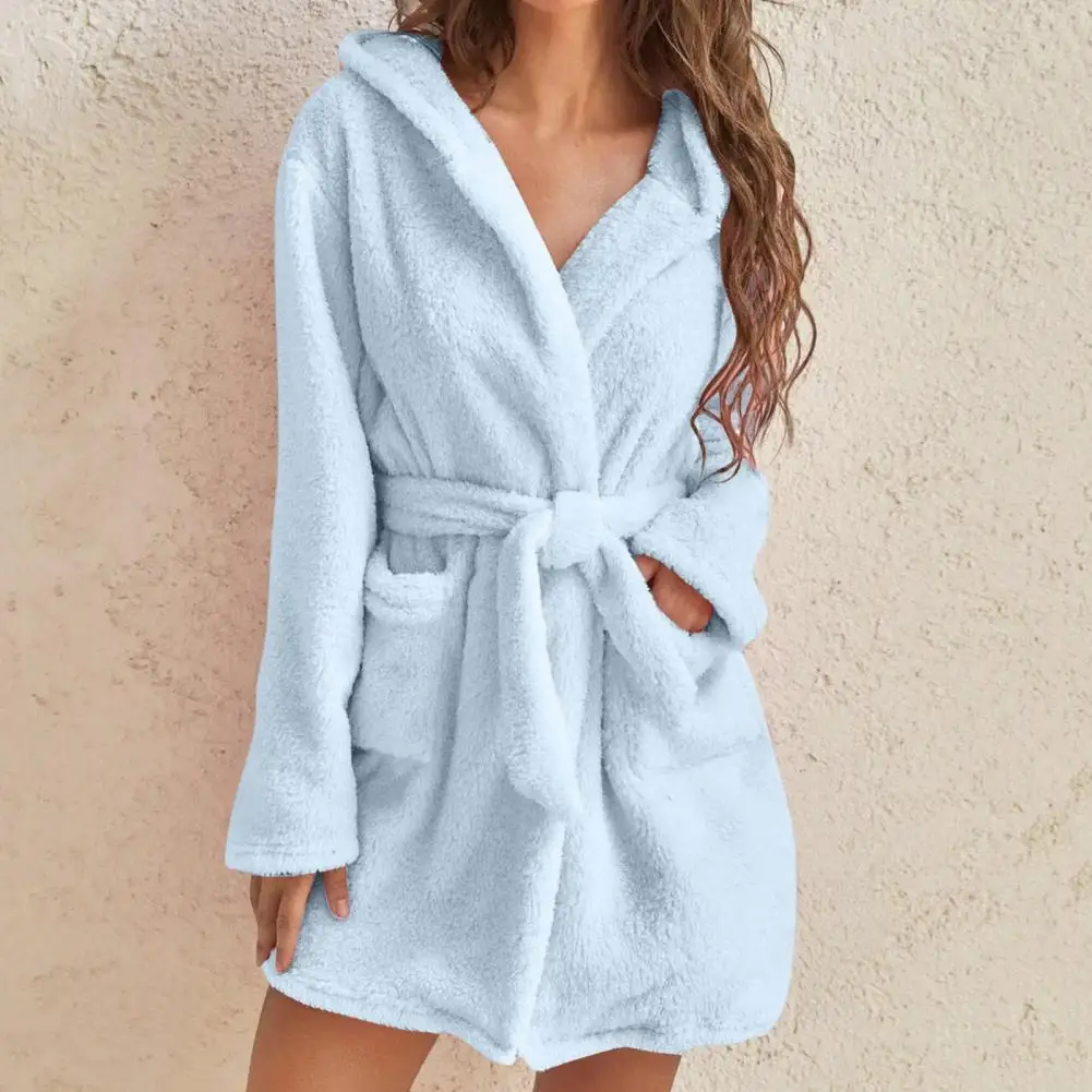 Tie Waist Nightgown Cozy Women\'s Winter Hooded Nightgown Robe Set with Pockets Plush Flannel Bathrobe for Home Sauna Vacation