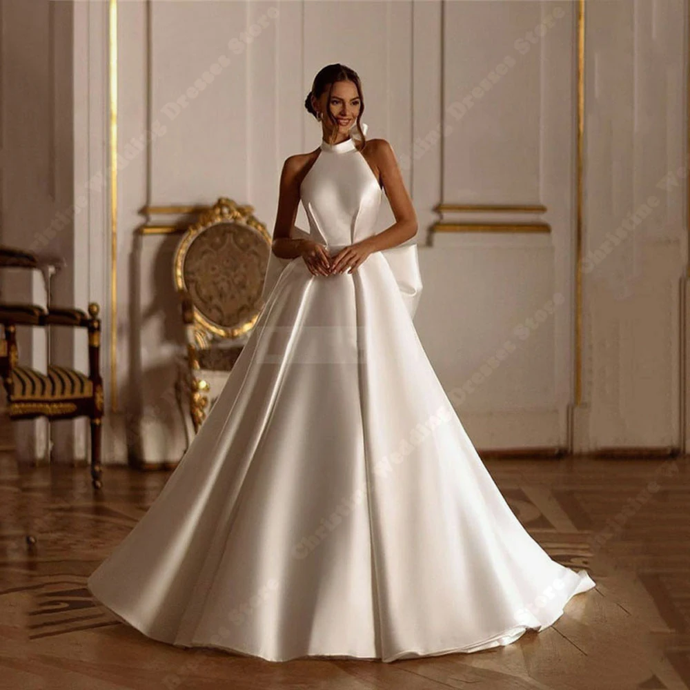 

Elegant A-Line Women Wedding Dresses Sexy Halter Sleeveless Bridal Gowns Mopping Length Lace Printing Robes Vestidos De Novias