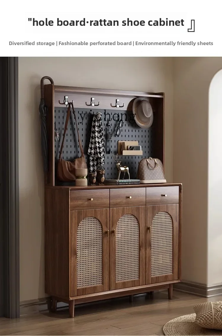 DSA  solid wood household door shoe cabinet hanger integrated entrance multi-layer storage storage rattan foyer cabinet