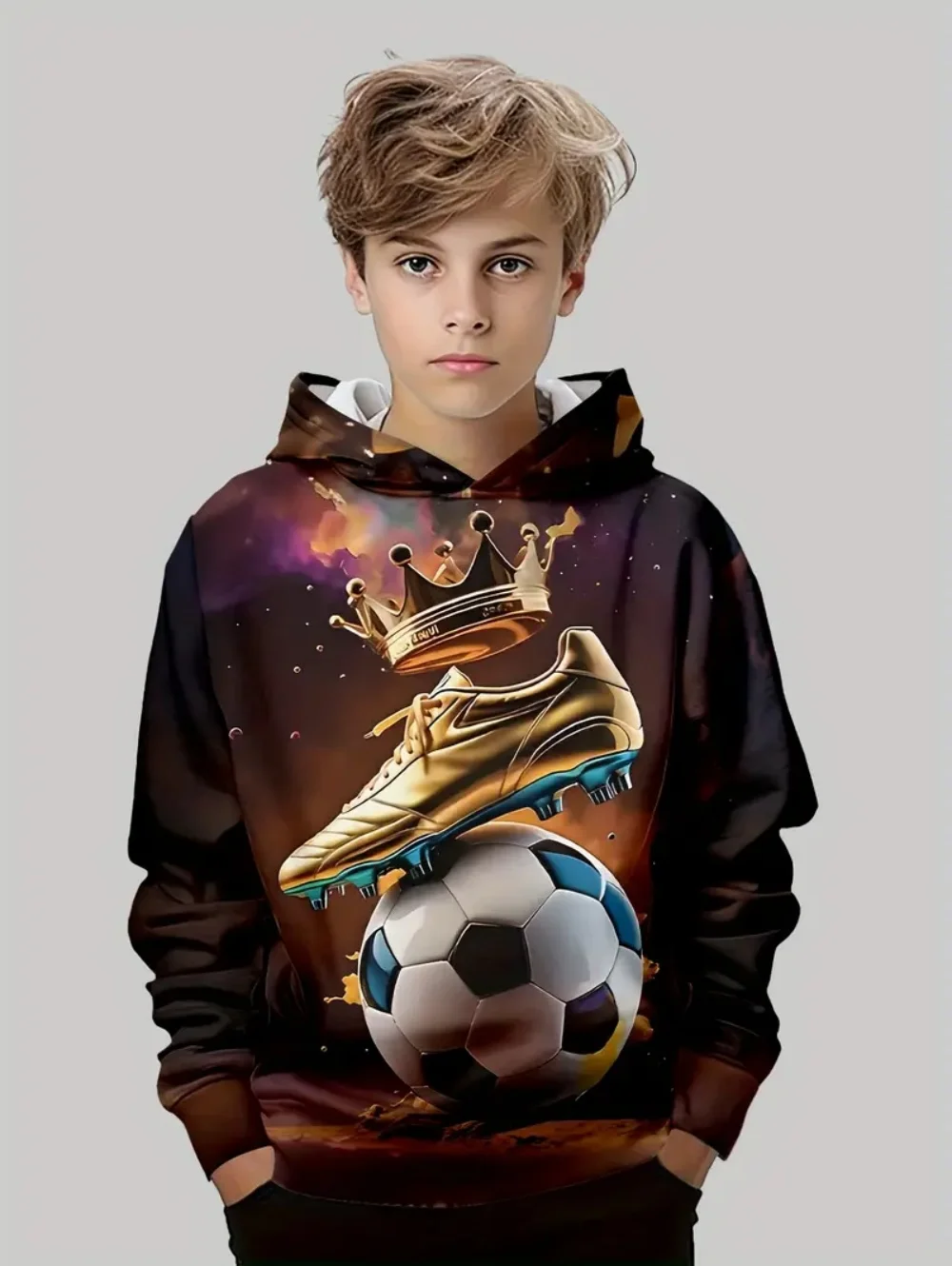 Boys' 3D Soccer Ball Harajuku Print Hoodie Casual Polyester Long Sleeve, Slight Stretch, Hooded Outdoors Sweatshirt for Running