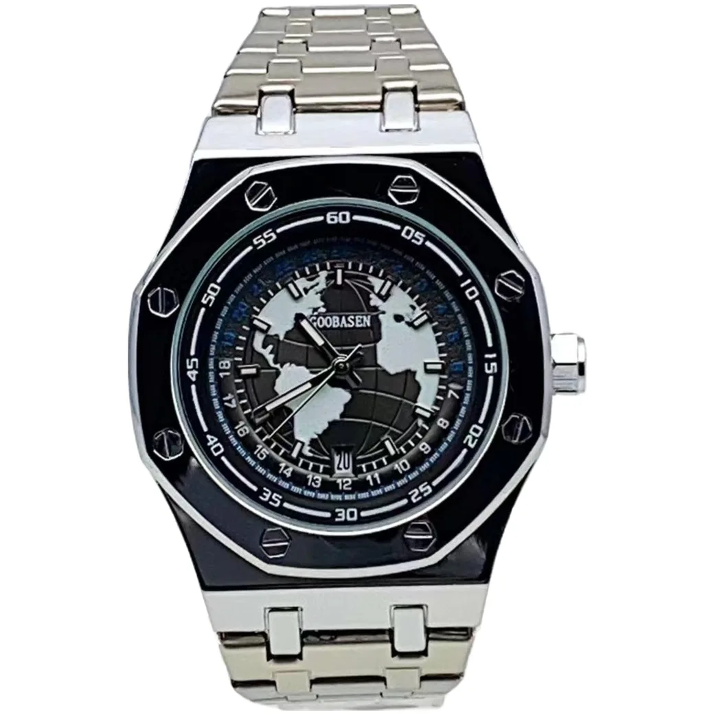 GOOBASEN Luxury Men Quartz Watch Sliver Reloj Luminous Dial Wristwatch Male Orologio Man Stainless Steel Clock Hombre Masculino