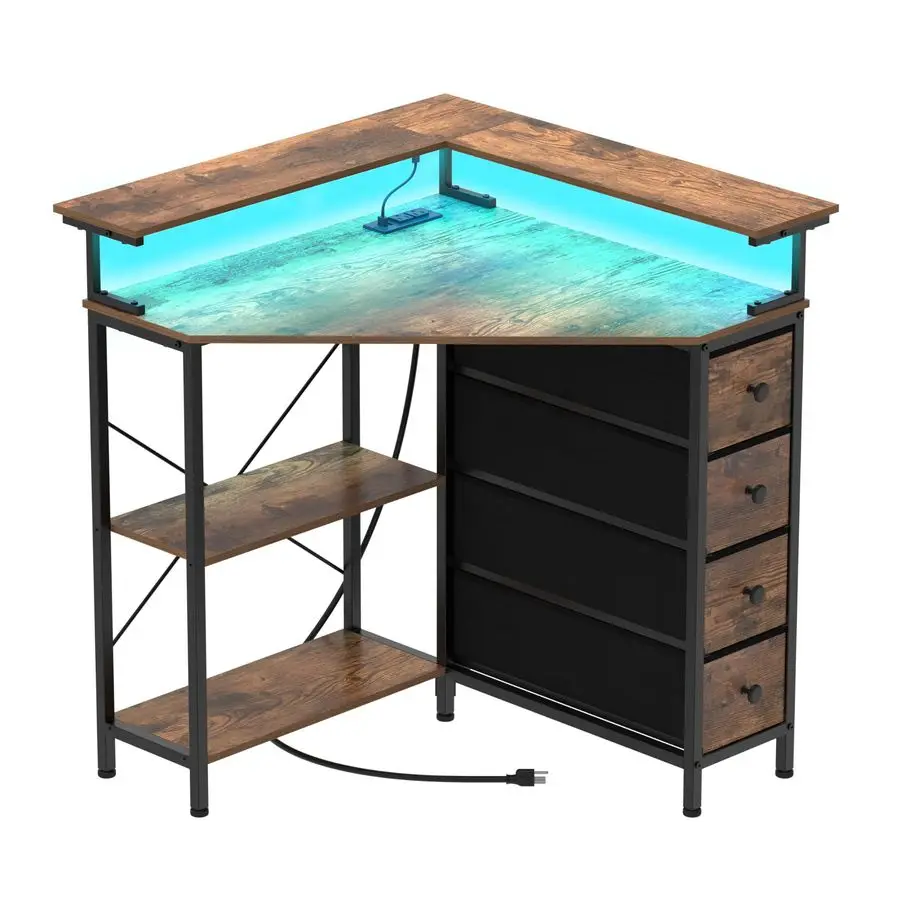

Desk with Drawers Shelves for Small Space 90 Degrees Triangle Computer Desk with Power Outlets,Gaming Desk with LED Lights Moni