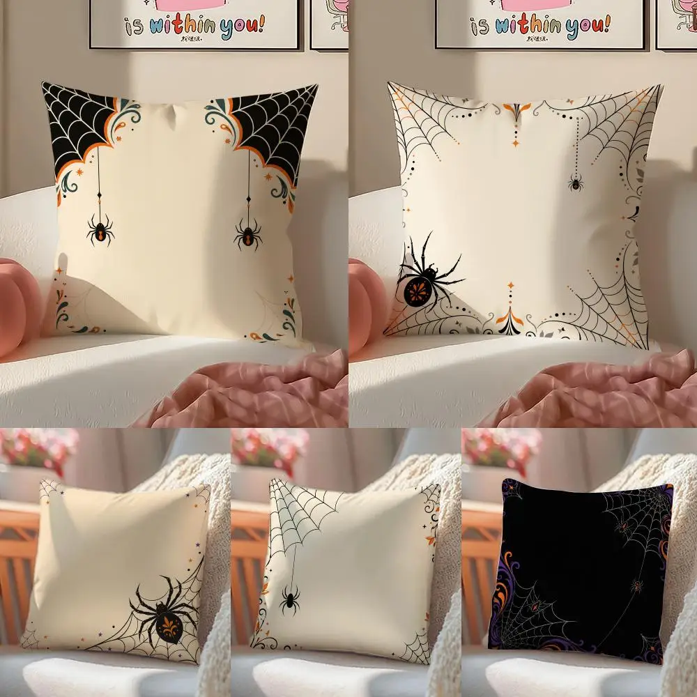 Halloween Spider Web and Spider Cushion Cover Pillowcase Short Plush Invisible zipper Room Sofa Cushion Cover