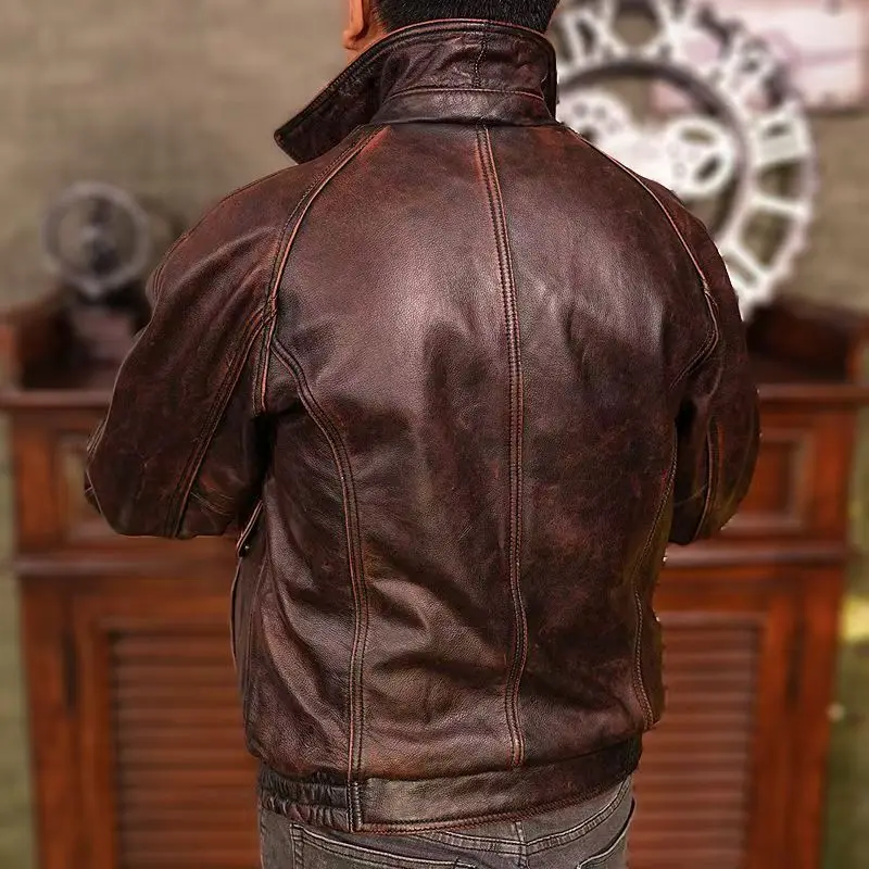 Men\'s Leather Jacket Red Retro Loose Motorcycle Cowhide Jacket Casual Lapel Factory Direct Sales Quality, Windproof,Thick,Trendy