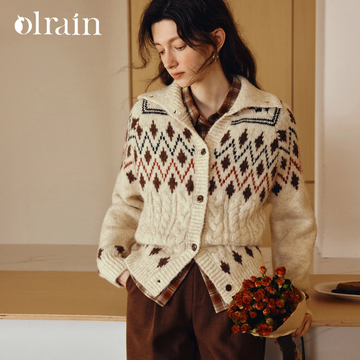 

OLrain Women Knitted Sweaters 2025 Autumn Winter New in Turn-down Collar Cardigans Jacquard Jumpers Women's Clothing O57DM001953