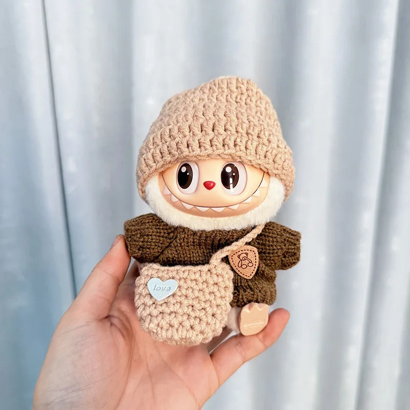Boîte aveugle 17Cm Labubu vêtements noël hiver nouvel an pull tenue ensemble mignon poupée vêtements accessoires chapeau sac cadeaux pour enfants