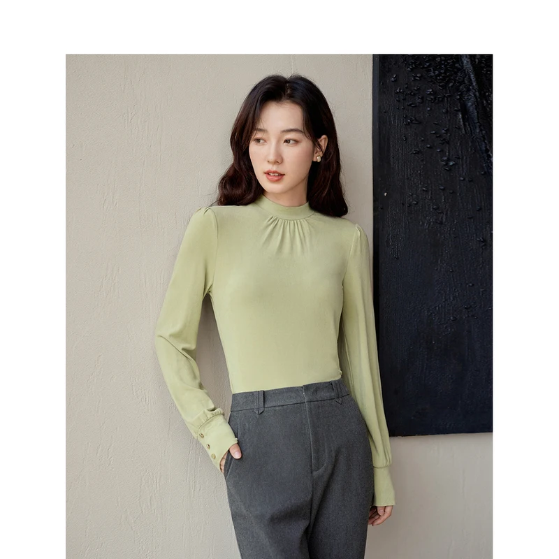 INMAN Women Tees 2023 Winter Long Sleeve Half High Collar Slim Fit T-shirt Decorative Cuffs Basic Versatile Four Colors Tops