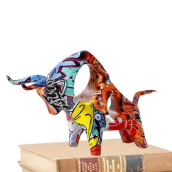 Bull Statue Resin Graffiti Bull Statue Color Full  Minimalistic Bull Decor Figurine Creative Ornament Craft Figurine Sculpture